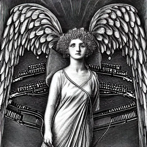 Prompt: angel with extremely complicated computer style of gustave dore, eniac computer lots of wires!, moon and stars