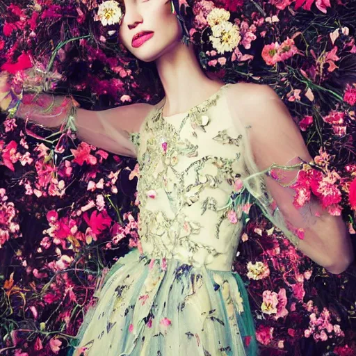 Image similar to beautiful model wearing valentino 2 0 1 4 cyber floral patterned layered dress fashion outfit, jeweled headpiece mystical crown, bright ruins environment background overgrown with flowers