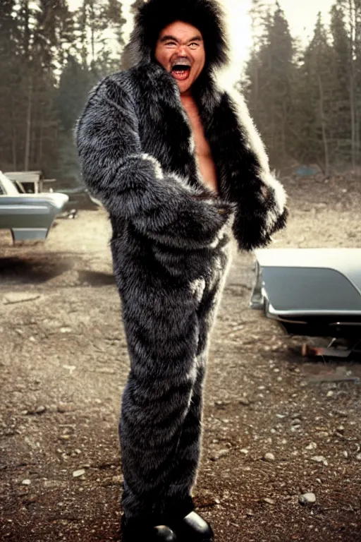 Image similar to 1 8 mm f 1 6 wide shot full body portrait photography of a crazy man wearing fur mittens who looks like a mix of lou diamond phillips and jack black wearing a retro alien invasion movie costume from the 1 9 6 0 s, photo by gregory crewdson