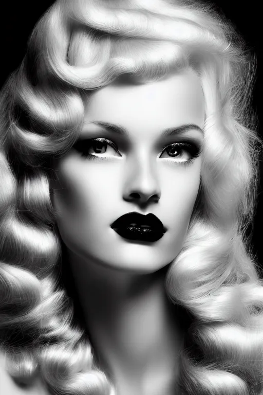 Prompt: stunning black and white portrait of a beautiful blonde woman by kenneth willardt. long wavy glossy hair and makeup. face only, no hand. vintage glamour. shiny dark lips. highly detailed and realistic oil painting on canvas. brush strokes.