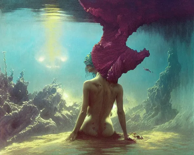 Image similar to falling in to eternity, underwater scene, painted by zdzislaw beksinski and artgerm and greg rutkowski and alphonse mucha and rene laloux