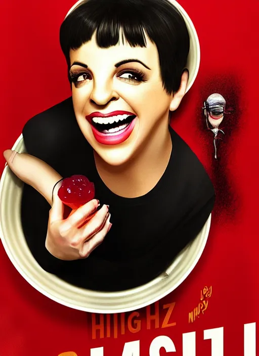 Image similar to highly detailed comedy caper movie poster with laughing liza minnelli face in a bowl of jelly by greg rutkowski