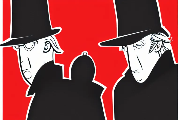 Image similar to poster matte shaded illustration of two donald trumps wearing trench coats and big floppy black spy hats starring in spy vs spy