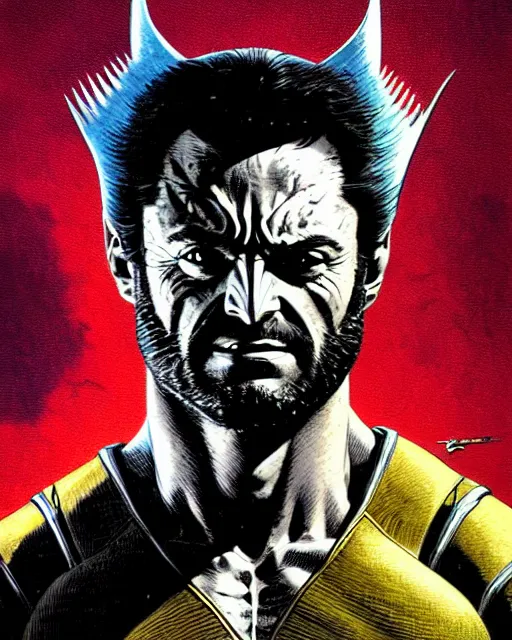 Image similar to wolverine xmen character portrait, portrait, close up, concept art, intricate details, highly detailed, vintage sci - fi poster, retro future, vintage sci - fi art, in the style of chris foss, rodger dean, moebius, michael whelan, and gustave dore