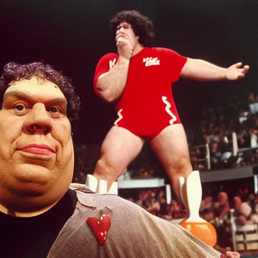 Prompt: photograph andre the giant as kentucky fried chicken spokesman, detailed