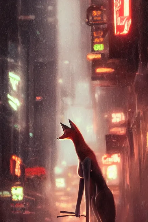 Image similar to beautiful portrait of a tall female anthro fox smoking a cigarette white standing head and shoulders taller than the bustling crowd of a rainy city street, cyberpunk, harsh neon lights, highly detailed, sharp focus, digital painting, illustration, trending on artstation, art by sakimichan, wlop, greg rutkowski