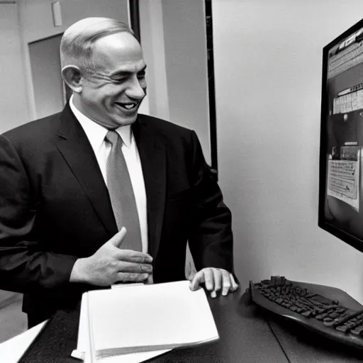 Prompt: benjamin netanyahu laughing and pointing at computer monitor, in office, by norman rockwell