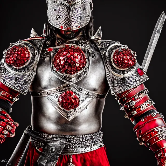 Image similar to photo of a warrior with ruby encrusted armour, highly detailed, 8 k, hdr smooth, sharp focus, high resolution, award - winning photo, dslr, 5 0 mm