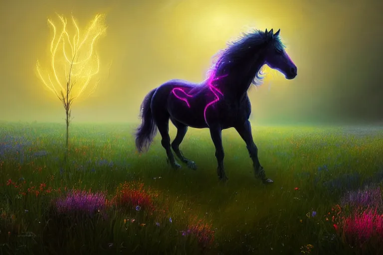 Image similar to a stunning digital painting of a horse with a mane of bioluminescent flowers running through a field of flowers by greg rutkowski, neonpunk, volumetric light, digital art, fine detail, photorealistic