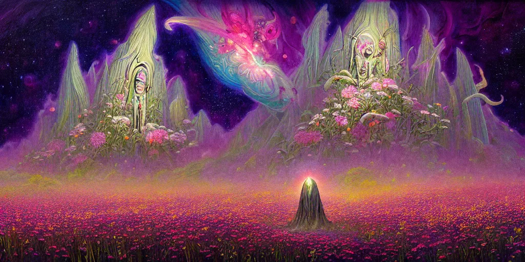 Image similar to a beautiful painting of a large alien shrine shrouded by mystic nebula magic in a field of flowers by moebius and android jones, oil on canvas sharp, details, hyper - detailed, hd, hdr, 4 k, 8 k