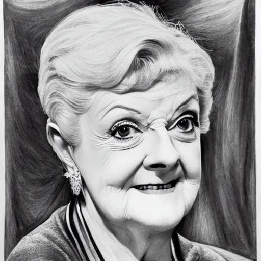 Image similar to black and white portrait of dame angela lansbury, drawn with ball point pen by m. c. escher, very very very detailed