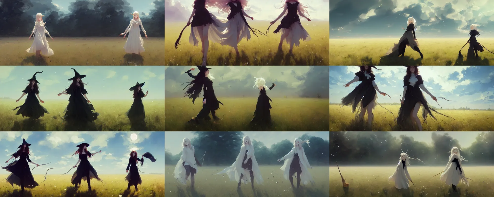 Prompt: white girl witch in the middle of a field, illustration, digital painting, concept art, trending on artstation, pixiv, art by ruan jia and makoto shinkai