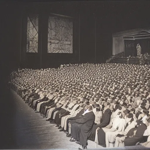 Prompt: Photo of crowd at 1944 opera with one person colorized