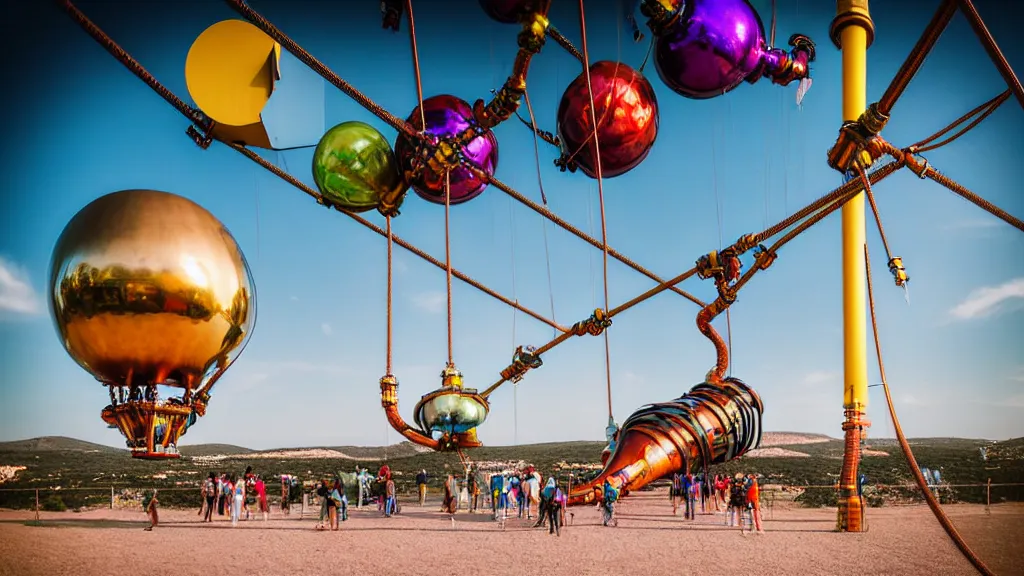 Image similar to large colorful futuristic space age metallic steampunk steam - powered balloons with pipework and electrical wiring around the outside, and people on rope swings underneath, flying high over the beautiful ibiza landscape, professional photography, 8 0 mm telephoto lens, realistic, detailed, photorealistic, photojournalism