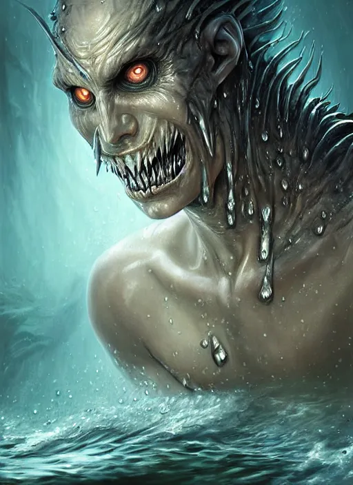 Image similar to digital painting of a wet undead merfolk man, with pale white skin, sharp teeth, black hollow eyes, head just above water surface, by filipe pagliuso and justin gerard, fantasy, highly detailed, realistic, intricate, glowing eyes