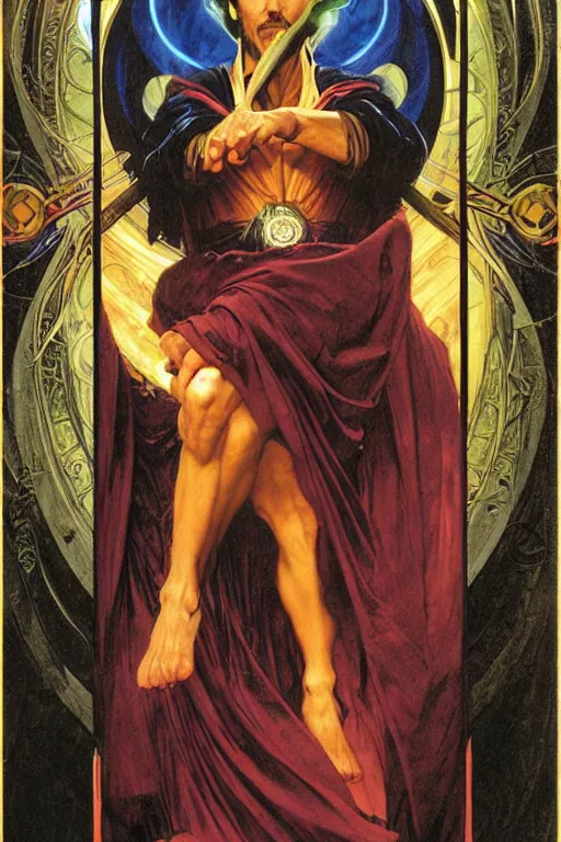 Image similar to An Epic Tarot Card of Dr. strange casting dynamic powerful spell. lit by dark evil magic portal, amazing colour harmony and variation, simple background, by Donato Giancola, William Bouguereau, John Williams Waterhouse and Alphonse Mucha