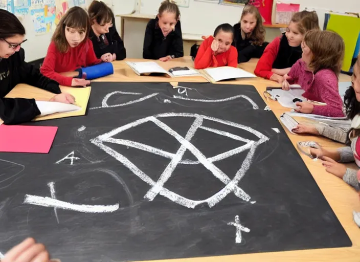 Prompt: a female teacher is writing on a chalkboard, not noticing that the kids in the front row are drawing pentagrams and summoning demons