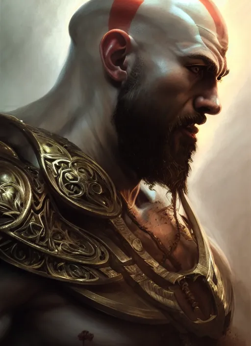 Prompt: portrait shot of kratos, intricate, elegant, highly detailed, centered, digital painting, artstation, concept art, smooth, sharp focus, warframe, illustration, anders zorn, tomasz alen kopera, peter mohrbacher, donato giancola, leyendecker, boris vallejo