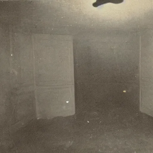 Prompt: An old, creepy, photograph found of a dark room with a large colored snake in the center of it