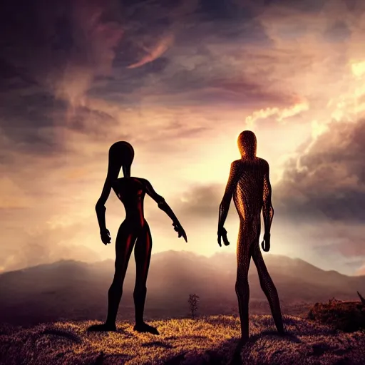 Image similar to an alien creature and a human, in a nice alien landscape, sunset, dramatic lighting, beautiful