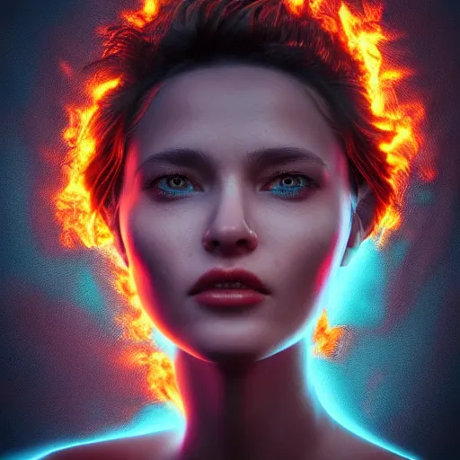 Image similar to Photorealistic fire in her eyes. Hyperdetailed photorealism, 108 megapixels, amazing depth, glowing rich colors, powerful imagery, psychedelic Overtones, 3D finalrender, 3d shading, cinematic lighting, artstation concept art