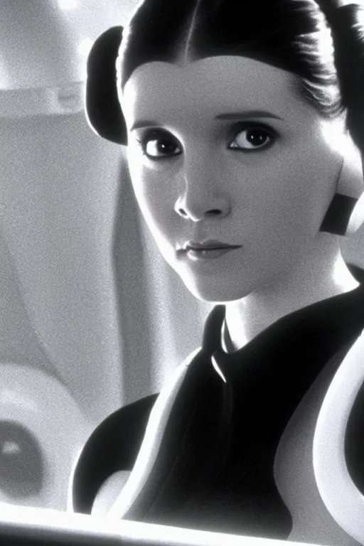 Prompt: princess leia on the bridge of the USS enterprise D, start trek the next generation, 1991