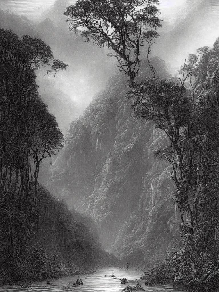 Prompt: an engraving of the amazon jungle by gustave dore, highly detailed, fog, depth, lithograph engraving, storybook illustration