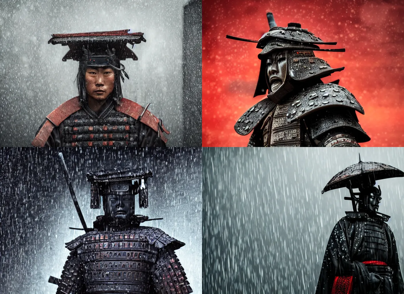 Prompt: close - up frontal shot of a samurai made of architectural elements, rainy background : : futuristic and dark atmosphere : : 2 technology and post - human mood, hyper - detailed, ultra - realistic universe 8 k post - production, photo real ultra high detail, cinematic lighting, apocalyptic world