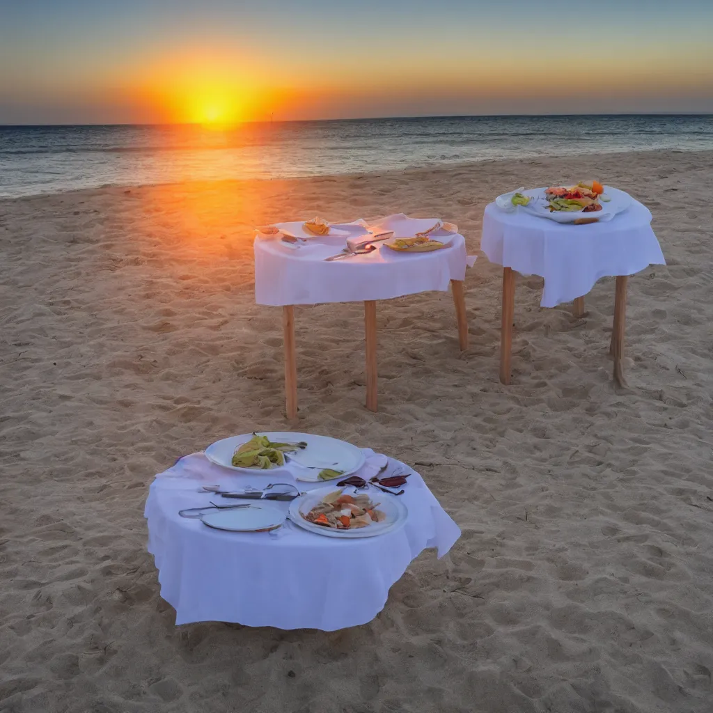 Prompt: professional photo of empty white dish in the middle over a table with a sunset on the beach in the background