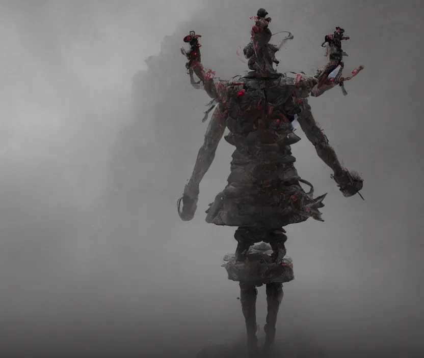 Image similar to samurai standing on a bunch of bodies with 6 arms , gloomy and foggy atmosphere, octane render, artstation trending, horror scene, highly detailded