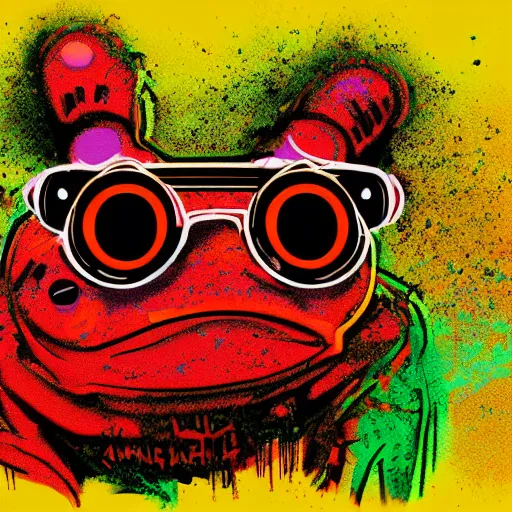 Image similar to illustration of cyberpunk frog, colorful splatters, by andy warhol and by zac retz and by kezie demessance