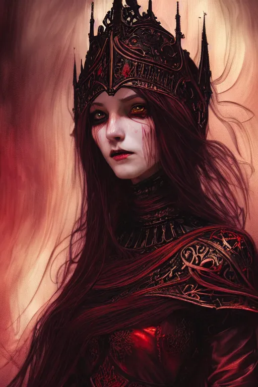 Image similar to beautiful luxury and gothic and victorian and evil medieval female reddish and black color armor knight portrait+smoky eyes+light flowing hair, in ruin gothic cathedral, ultradetail face, art and illustration by tian zi and craig mullins and WLOP and alphonse mucha, fantasy, intricate complexity, human structure, fantasy world concept, watermark, blurry, hyperrealism 8k