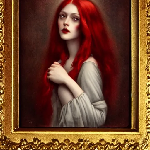 Image similar to a woman with red hair holding a box, a detailed painting by tom bagshaw, deviantart, gothic art, pre - raphaelite, wiccan, ambrotype