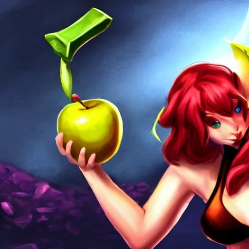 Prompt: hammer hitting an apple by league of legends