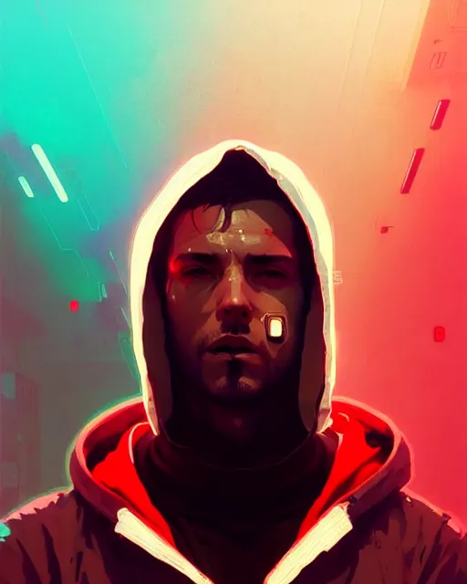Prompt: cyberpunk synth, hyper - realistic portrait of a man in a white and red hoodie, cyberpunk, by atey ghailan, by greg rutkowski, by greg tocchini, by james gilleard, by joe fenton, by kaethe butcher, dynamic lighting, gradient light blue, brown, cinematic lighting color scheme, sharp focus, grunge aesthetic