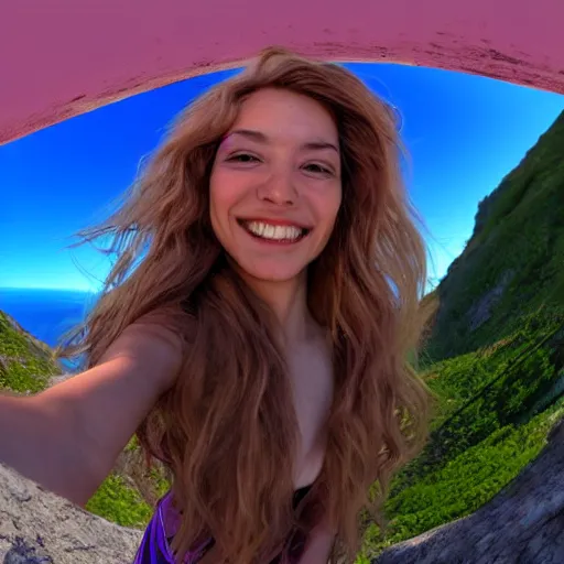 Image similar to Selfie!!!!! of a woman with gorgeous hair flowing in the wind, on a cliff!!!!!, first-person view, fisheye!!!!! lens!!!!!, photorealistic image, trending on artstation, 4k, 8k