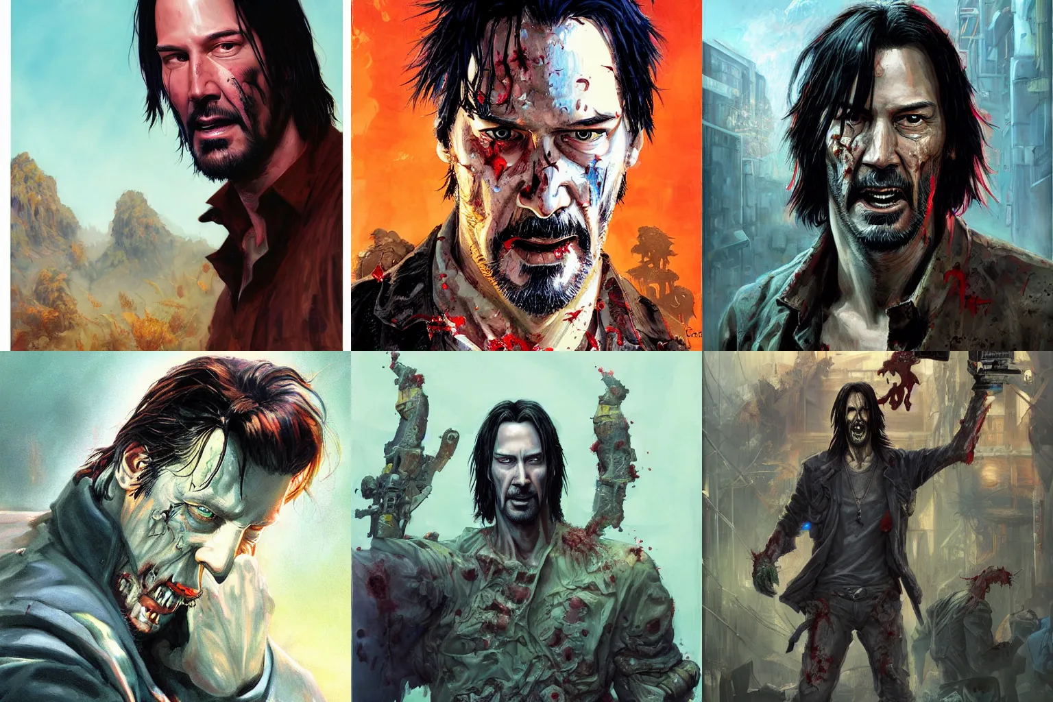 Prompt: portrait of zombie keanu reeves in a scenic environment by jesper ejsing and eddie mendoza