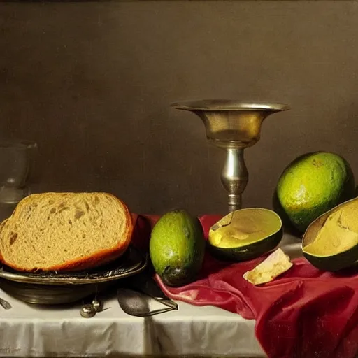 Image similar to still life by willem claesz heda, avocados, bread, linen, a fly, silver, leftover meat pie, overturned chalice, surreal goblets,