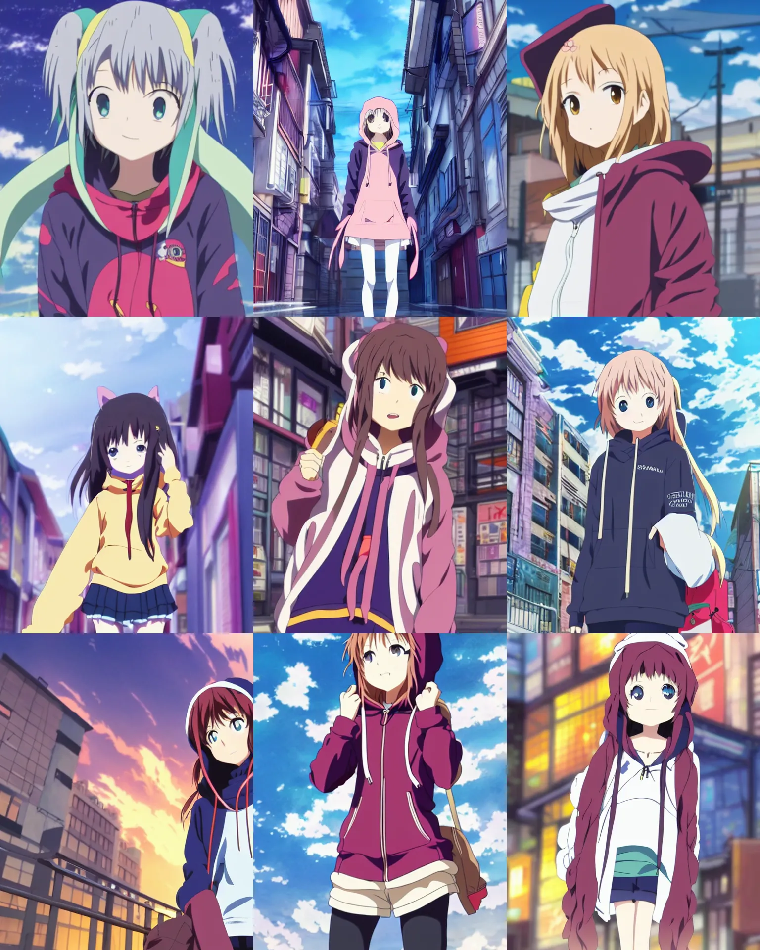 Prompt: girl wearing hoodie, city, anime key visual, kyoto animation