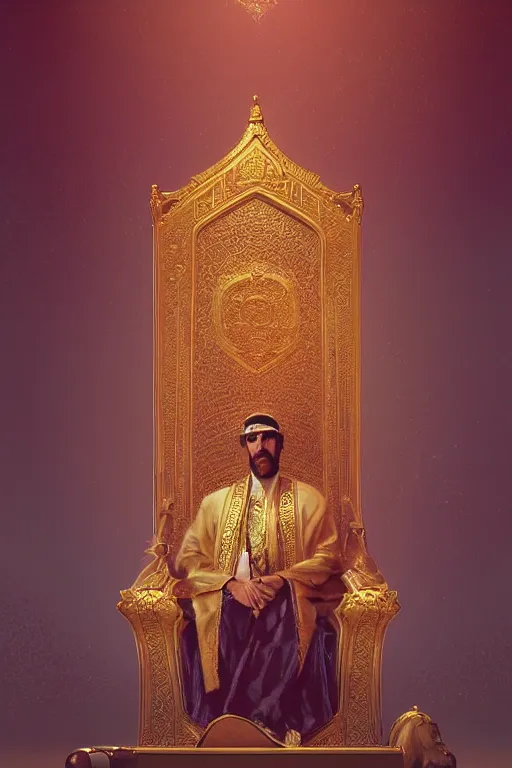 Image similar to portrait, Sultan of arabia on his golden throne, dynamic lighting, volumetric, bokeh, cinematic, establishing shot, extremly high detail, photo realistic, cinematic lighting, post processed, concept art, artstation, matte painting, style by eddie mendoza, raphael lacoste, alex ross