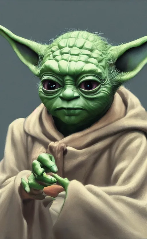 Image similar to beautiful detailed photorealistic painting of yoda putting on makeup in the mirror. hq, hd. detailed. trending on artstation