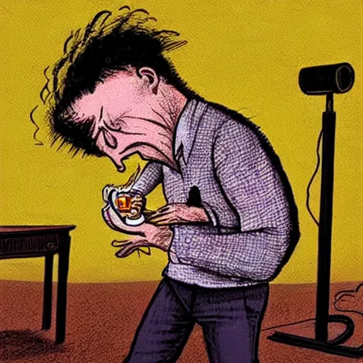 Image similar to picture of a man’s head exploding from a nearby speaker . “Bill Plympton” art