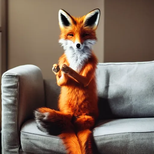 Image similar to an anthropomorphic fox wearing a t-shirt and leans, sitting on a couch