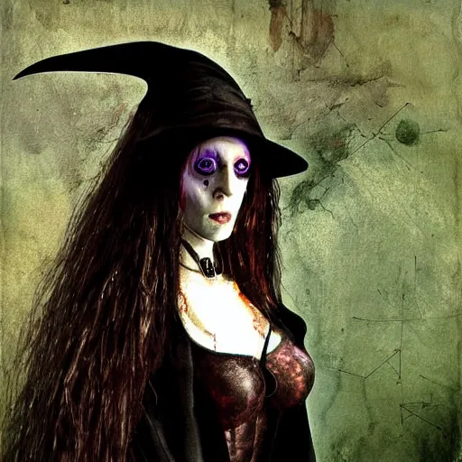 Prompt: a cyberpunk witch painted by leonardo da vinci, tim burton, digital art