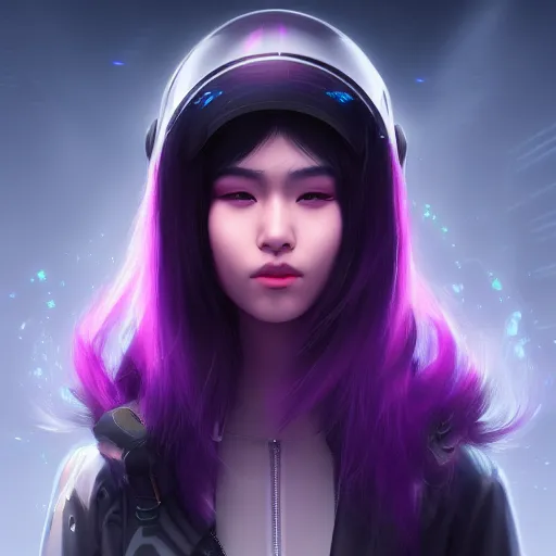 Prompt: Close up portrait of a young Asian Cyberpunk woman with dark purple hair wearing a purple visor, hyperdetailed, artstation, cgsociety, 8k