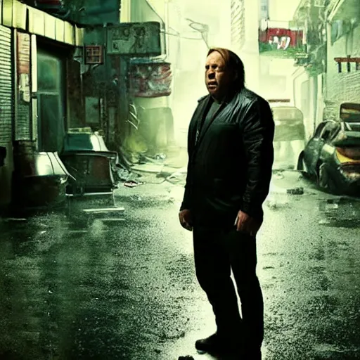 Prompt: an Alex Jones angry at his lawyer for giving phone records . Rainy Grungy neon cyberpunk alleyways in the background Badass pose , Photo realistic , Gregory Crewdson , Award winning. Masterpiece, exquisite detail, post processing