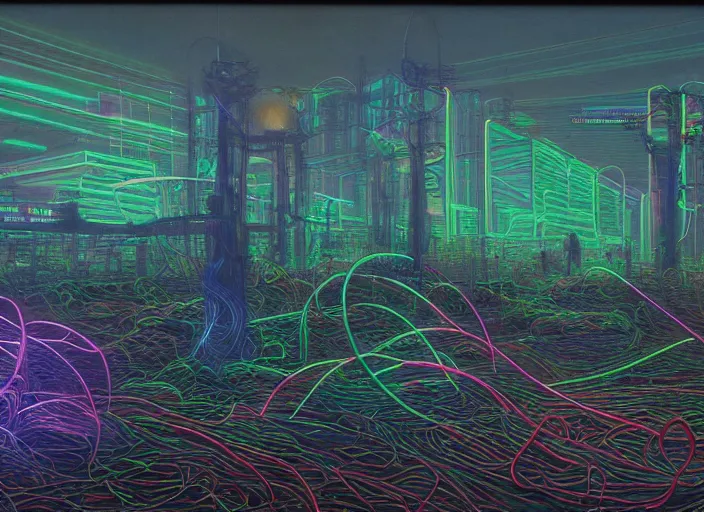 Image similar to Landscape, neon, RGB, glowing wires everywhere, by Edgar Maxence and Ross Tran, Zdzisław Beksiński, and Michael Whelan, distant, gustav dore, H.R. Giger, 8k, octane render