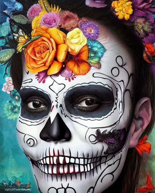 Image similar to dia de los muertos theme surrealist art in the styles of igor morski, jim warren, and osborne macharia, intricate, hyperrealistic, accurate facial details, profile picture with chromakey!!!!! background, volumetric lighting