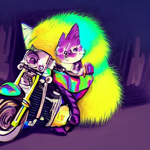 Image similar to wide angle full body, jacket wearing fluffy cute rainbow kitten wearing a black leather motorcycle jacket, riding on a motorcycle, cinematic concept art