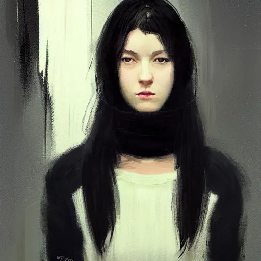 Image similar to portrait of a young woman by greg rutkowski, she is about 2 0 years old, mixture between russian and japanese, pretty, black bob hair with two strands around her face, very tall and slim, wearing a oversized jumper jumpsuit, highly detailed portrait, digital painting, artstation, concept art, smooth, sharp foccus ilustration, artstation hq